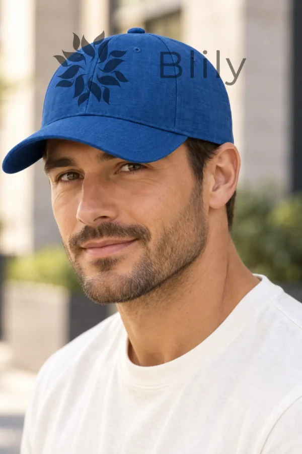 Blue linen baseball cap for men side view